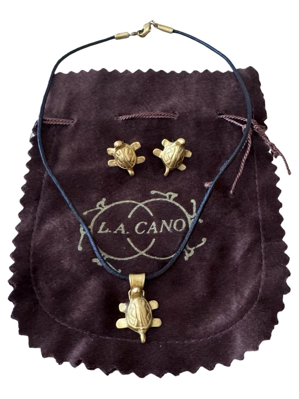 L.A Cano Leather Choker Necklace & Earrings Turtle Set 24K Gold Plated
